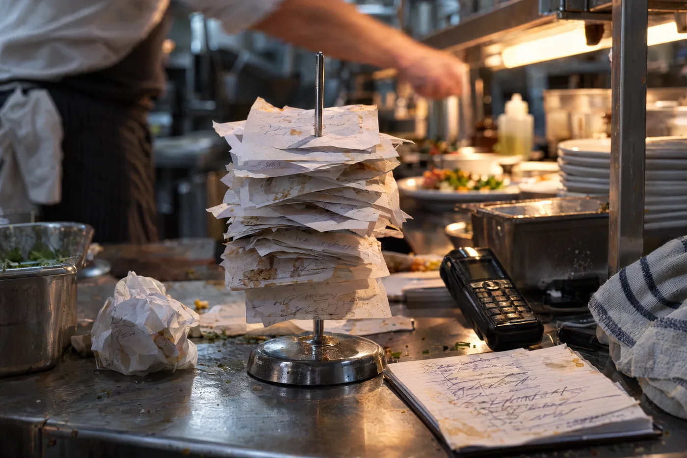 Un pincho de cocina lleno de comandas de papel manchadas, con una bola de papel arrugada al lado